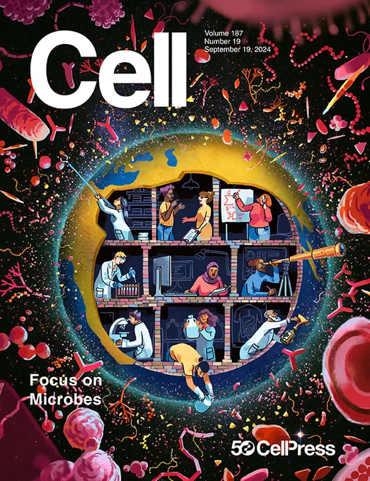 The cover of Cell's focus issue on Microbes, which was designed by Charlotte Hintzmann and honors many disciplines that contribute to contemporary microbiology as well as the past 50 years of intense research and discovery. The cover art features microbes of many shapes and sizes floating around a large cell, inside of which several scientists are studying different types of microbiology in rooms separated by cell wall-like rectangles. 