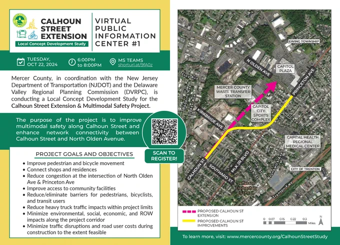 A graphic advertising the Calhoun Street Extension Virtual Public Information Session on Tuesday, October 22, from 6 - 8 pm.