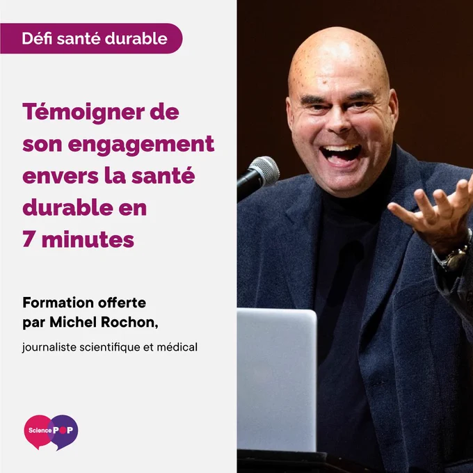 #sciencepop | Leur discours sera-t-il inspirant?
Sept (7) minutes! C'est le temps qu'auront les finalistes du défi santé durable pour présenter une initiative personnelle inspirante qui témoigne de leur engagement envers la santé durable. 

Pour les accompagner dans cette préparation, ils bénéficieront des conseils de Michel Rochon, journaliste et communicateur scientifique depuis plus de 40 ans, dont une grande partie pour la Société Radio-Canada. 

Venez assister à cette compétition de communication scientifique lors de la grande finale provinciale à l’IRCM, les 21 et 22 novembre 2024! 
Évènement gratuit, ouvert à tout le monde, ouverture des inscriptions bientôt!
En savoir plus: www.sciencepop.ca