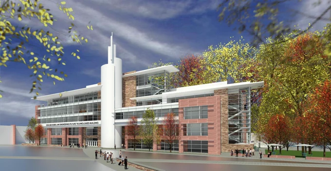 A digital drawing of what the Don and Susie Law Engineering Future Technologies Building may look like when it is constructed on Colorado State University's campus. A wide building with many windows and levels, framed by a blue sky and colorful trees.
