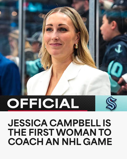 Top: Jessica Campbell behind the Seattle Kraken bench.

Below: In white text, "official". To the right is the Seattle Kraken logo. Below in larger black text on a white background, "Jessica Campbell is the first woman to coach an NHL game". 