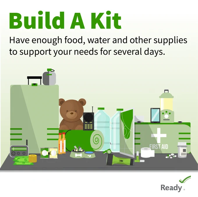 Ready.gov informational graphic titled 'Build A Kit' illustrating recommended emergency supplies including food, water, first aid kit, a radio, batteries, and a teddy bear.