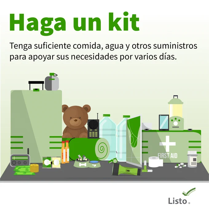 Ready.gov informational graphic titled 'Build A Kit' illustrating recommended emergency supplies including food, water, first aid kit, a radio, batteries, and a teddy bear.