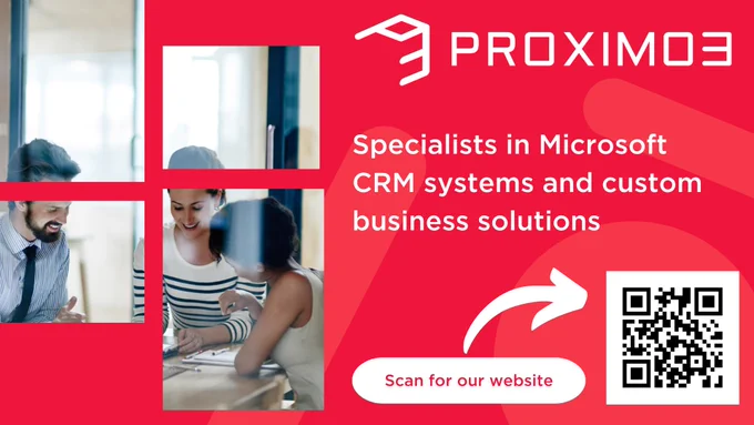 Static advert social tile with red background and white text with QR code with pictures of people sitting around a table. Proximo 3 specialists in Microsoft CRM solutions and custom solutions with linking to their website.