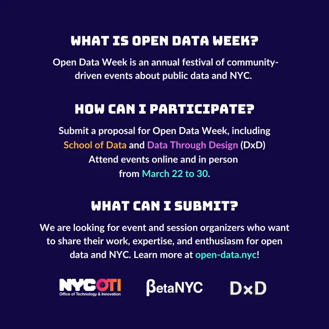 Purple graphic with white text explaining what open data is, how to participat, eand what to submit. 3 logos are on the bottom.