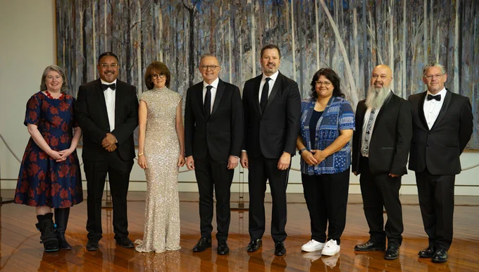 Official photo of Indigenous leaders with our Secretary, Chief Scientist, Prime Minister and Minister at Parliament House.