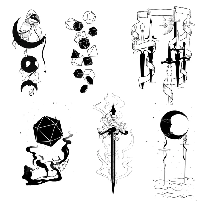 6 black and white illustrations from Alderdoodle tarot deck with swords and dice.