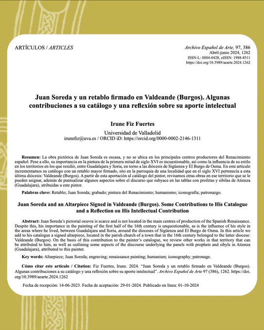 Fiz Fuertes, I. (2024). Juan Soreda y un retablo firmado en Valdeande (Burgos) Algunas contribuciones a su catálogo y una reflexión sobre su aporte intelectual. Archivo Español De Arte, 97(386), 1262.
