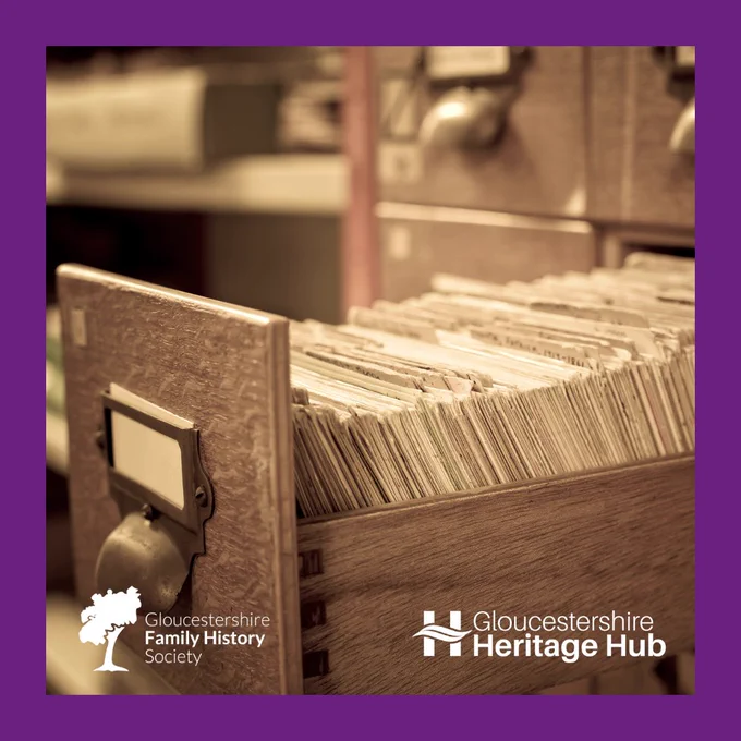 Image of an Archive drawer with Gloucestershire Archives logo and Gloucestershire Family History Society Logo