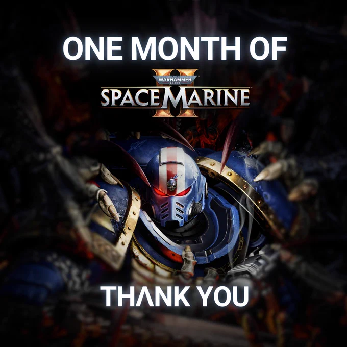 Visual asset made specially for the One Month Anniversary of Space Marine 2. We can see Lieutenant Titus, helmet on, in the dark, surrounded by Tyranids. The text on the pic says "One month of Space Marine 2. Thank you".
