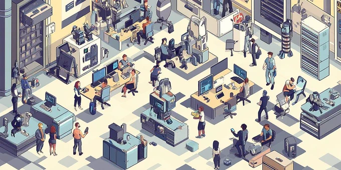 A illustrated image of a larhe open plan office with lots of people sat at dasks, or standing, or charring