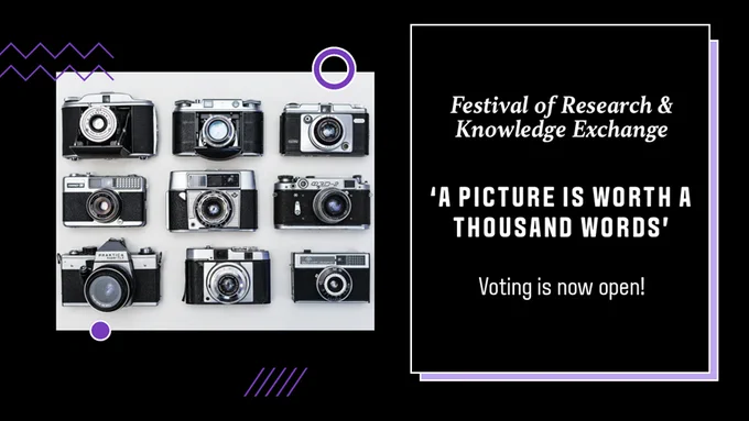 Image showing a selection of cameras with text saying 'Festival of Research and Knowledge Exchange: 'A picture is worth a thousand words' - Voting is now open!