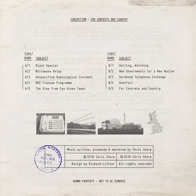 The rear cover art for the Concretism album 'For Concrete and Country', listing the tracks and credits.
