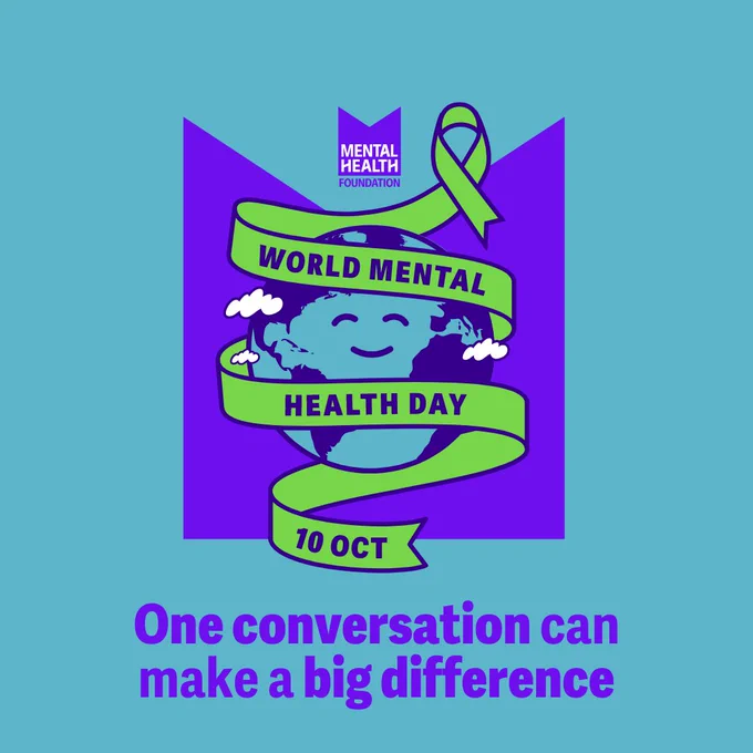 Graphic of World Mental Health Day logo, accompanied by text: one conversation can make a big difference.