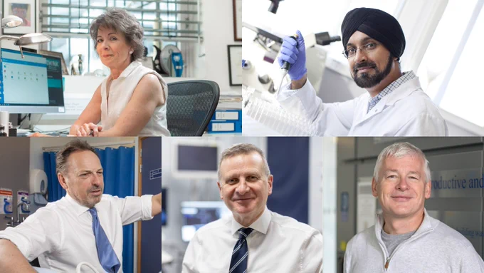 From left to right: Professors Lesley Reagan, Waljit Dhillo, Tom Bourne, Christoph Lees, and Phillip Bennett