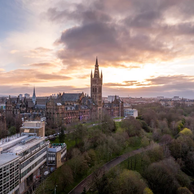 The Gilbert Scott building at the University of Glasgow, viewed from above. 