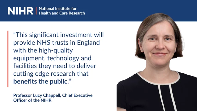 “This significant investment will provide NHS trusts in England with the high-quality equipment, technology and facilities they need to deliver cutting edge research that benefits the public.”
Professor Lucy Chappell CEO of the NIHR