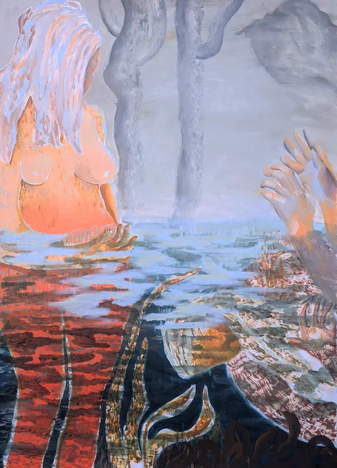 Eleanor McCaughey's painting Skin deep’, 2024, Oil, crayon and gouache on Fabriano paper, 70 x 100cm. All Images courtesy of the artist. 
