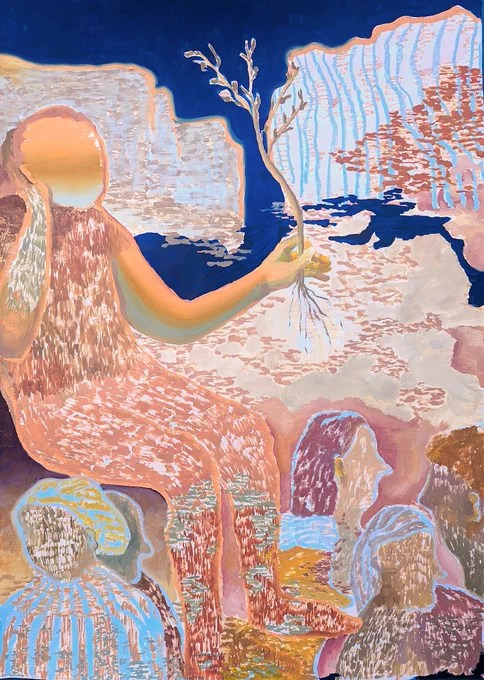 Eleanor McCaughey's painting Give us peace and repair, a myriad of parts, 2024, Oil, crayon and gouache on Fabriano paper, 70 x 100cm. 