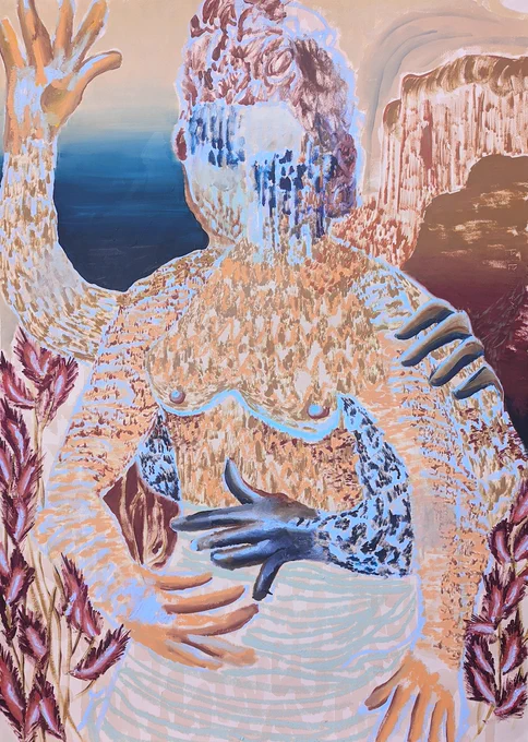 Eleanor McCaughey's painting Many hands make light work, 2024. Oil, crayon and gouache on Fabriano paper, 70 x 100cm. 