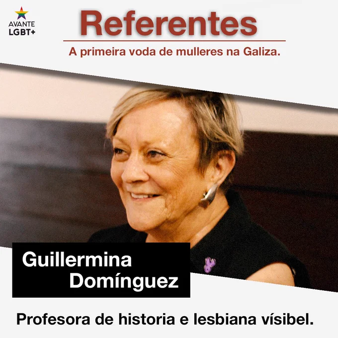Capa do novo episodio do podcast “REFERENTES: memoria LGBTIQA  galega”, feito por Avante LGBT  Pontevedra. O título é “A primeira voda de mulleres”, e a convidada é Guillermina Domínguez, profesora de historia e lesbiana visíbel