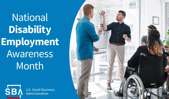 People gathered inside with the following text: National Disability Awareness Month. SBA logo is at the bottom.