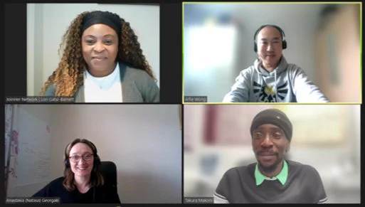 Screenshot from Northern Ireland Civil Service Black History Month webinar on Breaking Barriers: Understanding the impact of exclusion.

Top row (left to right) are Lori Gatsi-Barnett (Founder and Director of JoinHer Network) and Alfie Wong (Northern Ireland Civil Service Race and Ethnicity Champion).

Bottom row (left to right) are Anastasia Georgaki (co-chair of Northern Ireland Civil Service Race and Ethnicity Network) and Takura Makoni (speaker and Policy Officer at African and Caribbean Support Organisation NI).