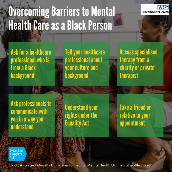 Overcoming Barriers to Mental Health Care as a Black Person
Read here: https://mentalhealth-uk.org/black-asian-and-minority-ethnic-bame-mental-health/#section-4