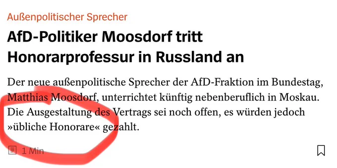 Außenpolitischer Sprecher
AfD-Politiker Moosdorf tritt
Honorarprofessur in Russland an
Der neue außenpolitische Sprecher der AfD-Fraktion im Bundestag, Matthias Moosdorf, unterrichtet künftig nebenberuflich in Moskau.
Die Ausgestaltung des Vertrags sei noch offen, es würden jedoch »übliche Honorare« gezahlt.
