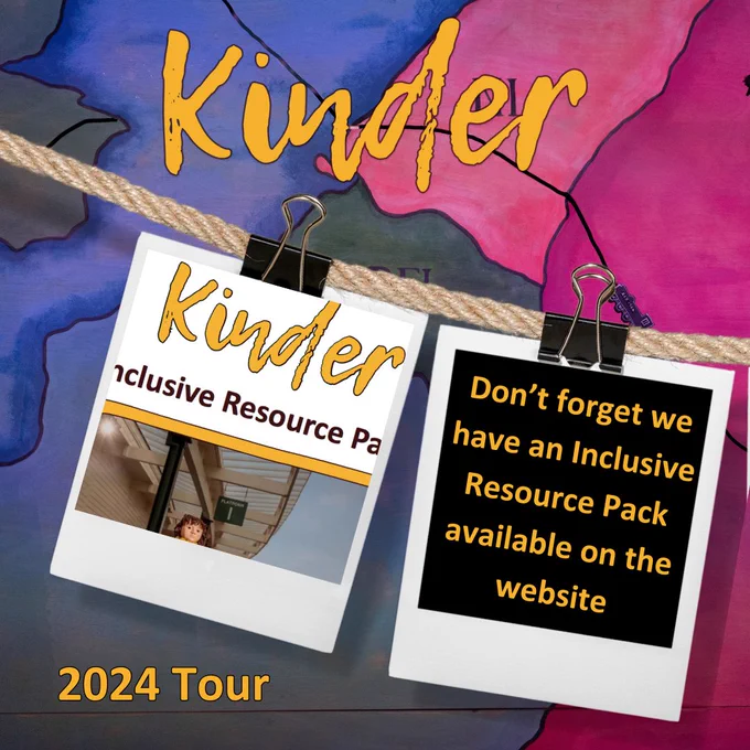An image with a blue and purple background shows a rope with two Polaroid style photographs clipped to it. One is the cover of the Kinder Inclusive Resource pack, the other reads "Don't forget we have an inclusive resource pack on the website" in yellow writing on a black background. 