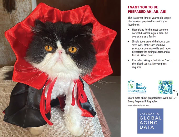 Image of APHA's October Calendar spread. Includes an image of a cat dressed as a vampire and information on emergency preparedness. 
