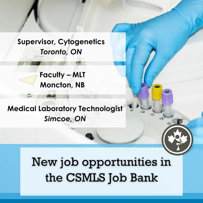 Background image of a lab professional holding a test tube and text with three job opportunities in Toronto, Moncton and, Simcoe.