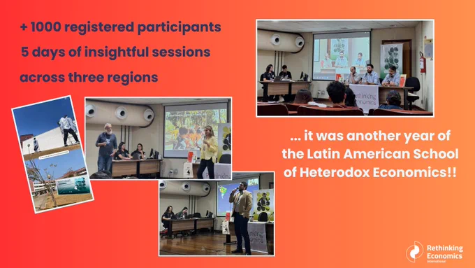 A red and orange sharepic with text and photos of the Latin American School of Heterodox Economics.