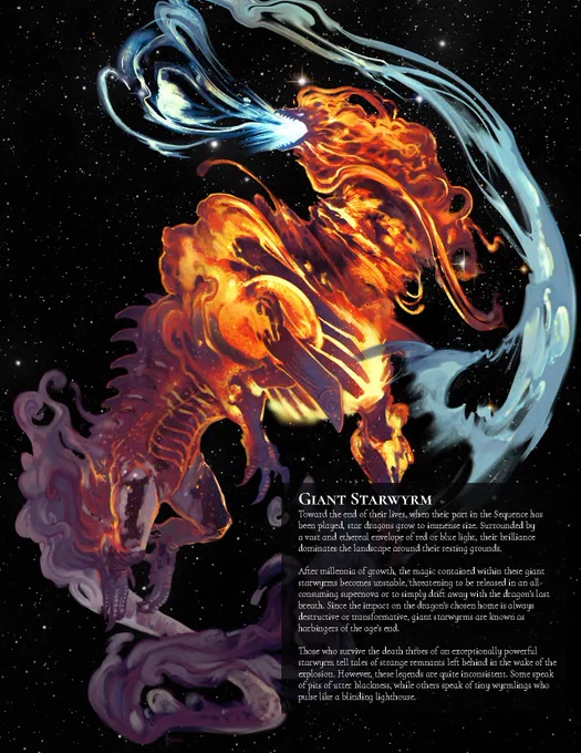 A giant starwyrm drifts in front of a field of stars. Its body is a swirling mass of flaming orange, ochre, and deep purple. From its open mouth a blast of plasma erupts, curling outward and behind it.
