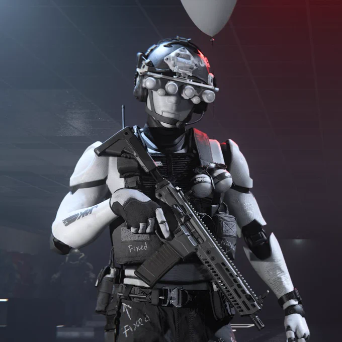 A screenshot of the Balloon Test Operator Skin for Jabber in Call of Duty: Modern Warfare III (2023); unlocked via the limited-time MWIII Rewind Event. The Operator Skin has a white, 3D printed appearance with JAK logos prominently displayed, suggesting a relation to the manufacturer of Aftermarket Parts.