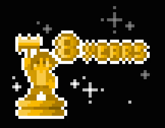 Pixel art of a golden statue of the Jaydn character with "8 YEARS" written beside it. Art made by Alvario