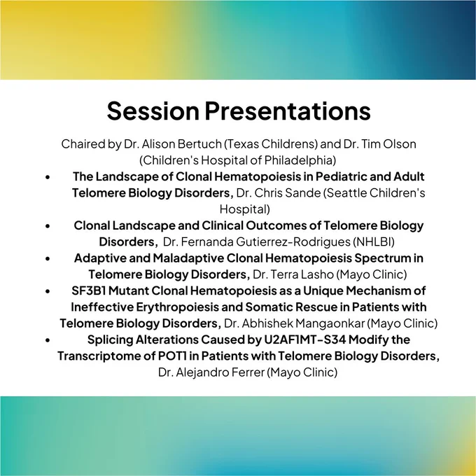 There is text reading “Session Presentations” followed by “Chaired by Dr. Alison Bertuch (Texas Childrens) and Dr. Tim Olson (Children's Hospital of Philadelphia) 
The Landscape of Clonal Hematopoiesis in Pediatric and Adult Telomere Biology Disorders, Dr. Chris Sande (Seattle Children's Hospital)    
Clonal Landscape and Clinical Outcomes of Telomere Biology Disorders,  Dr. Fernanda Gutierrez-Rodrigues (NHLBI)  
Adaptive and Maladaptive Clonal Hematopoiesis Spectrum in Telomere Biology Disorders, Dr. Terra Lasho (Mayo Clinic) 
SF3B1 Mutant Clonal Hematopoiesis as a Unique Mechanism of Ineffective Erythropoiesis and Somatic Rescue in Patients with Telomere Biology Disorders, Dr. Abhishek Mangaonkar (Mayo Clinic)
Splicing Alterations Caused by U2AF1MT-S34 Modify the Transcriptome of POT1 in Patients with Telomere Biology Disorders, Dr. Alejandro Ferrer (Mayo Clinic)” 