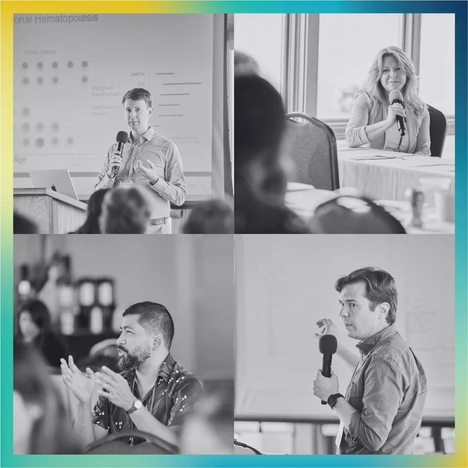 There are four images. Left to right and up to down, they showcase 1) A man with a microphone is seen gesturing as he talks. There is a slide with scientific information behind him. 2) A woman is seen seated on a chair. She is holding a mic and smiling. 3) A man is seen gesturing with two hands while he is speaking from his chair. 4) A man with a microphone is seen gesturing as he talks. There is a slide with scientific information behind him. 
