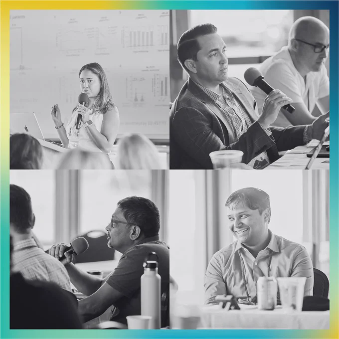 There are four images. Left to right and up to down, they showcase 1) There is a woman with a microphone seen speaking in front of a laptop. A screen with scientific information is behind her. 2) A man holding a microphone and speaking. 3) A man looking a head with a microphone in hand as he speaks. 4) A man laughing as he is seated at a table. 