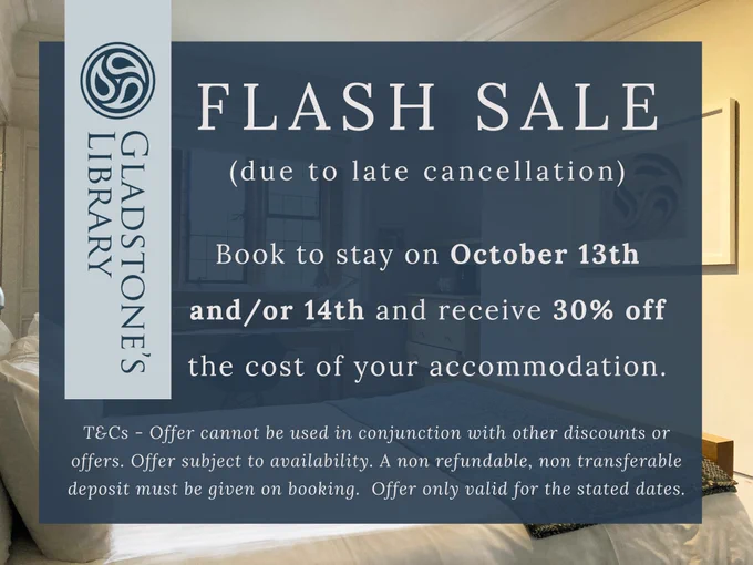 A graphic outlining the flash sale offer: Book to stay on October 13th and/or 14th and receive 30% off the cost of your accommodation.