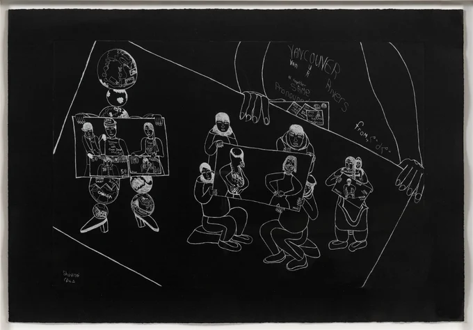 A black ground with white etching of a person wearing a Vancouver sweater holding an image of a figure made of globes in high heeled shoes showing a large image of three figures holding stylized $50 and $100 bills. Four people hold an image of two figures, and a woman holding a child in her hood holds up an image of a person.