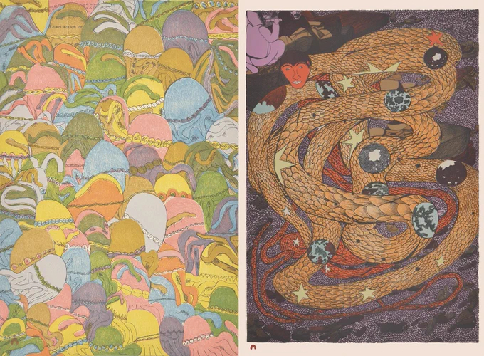 The left shows the ‘Octopuses’ print of a swarm of stylized octopuses in yellows, greens, blues and pinks and purple. The right shows the ‘Inner Worlds’ lithograph of multiple planets against a serpent coiled and tangled with a human face.