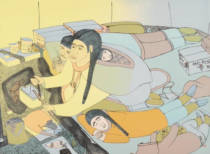 A lithograph of a family enjoying an evening indoors, with the mother preparing dinner wearing an Amauri, a traditional Inuit parka, where a baby sleeps in the hood. Three other children are sprawled on the ground waiting for dinner. The domestic scene is complete with discarded mittens on the floor, dinner preparation underway with a cut fish an, and pantry staples of sugar, flour, and pilot biscuits, and an eponymous box of red rose tea. 