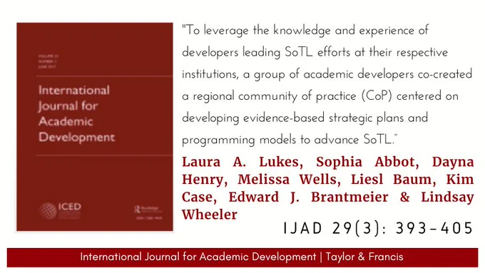 IJAD logo and a quote from an article by Laura A. Lukes, Sophia Abbot, Dayna Henry, Melissa Wells, Liesl Baum, Kim Case, Edward J. Brantmeier & Lindsay Wheeler: "To leverage the knowledge and experience of developers leading SoTL efforts at their respective institutions, a group of academic developers co-created a regional community of practice (CoP) centered on developing evidence-based strategic plans and programming models to advance SoTL."
