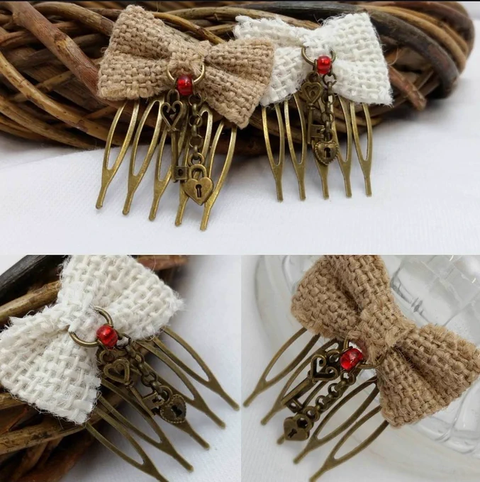 Small burlap bow hair comb with heart lock and key 