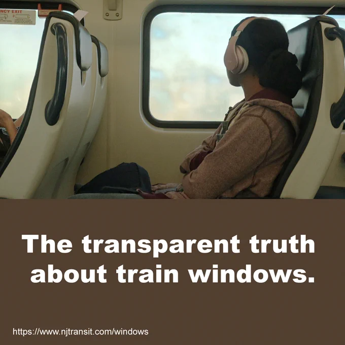 Person wearing headphones sits by the window on a NJ Transit train, facing away from the camera. The text overlay reads 'The transparent truth about train windows.' Website link at the bottom.