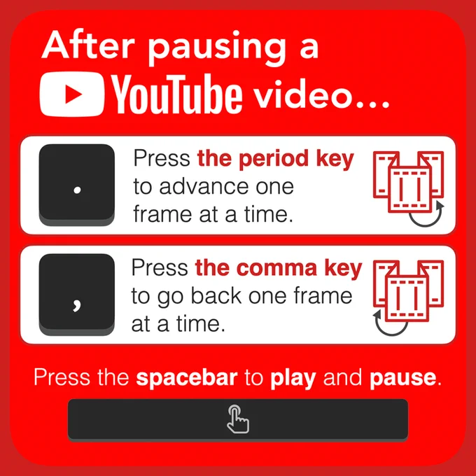 After pausing a YouTube video...

Press the period key to advance one frame at a time.
Press the comma key to go back one frame at a time.
Press the spacebar to play and pause.