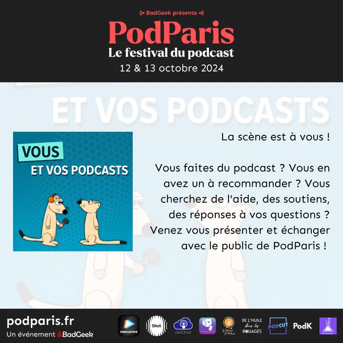 La scène est à vous !

Vous faites du podcast ? Vous en avez un à recommander ? Vous cherchez de l'aide, des soutiens, des réponses à vos questions ? Venez vous présenter et échanger avec le public de PodParis ! 