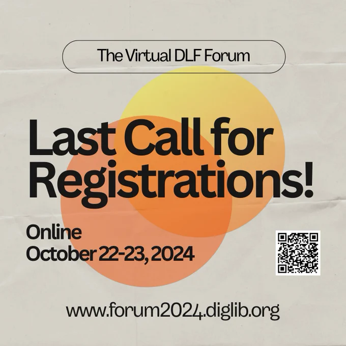 Last Call for Registrations graphic. Center is overlapping orange and yellow circles. Text is black, includes main title, conference dates, URL, QR code.