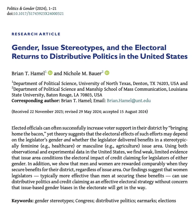 Research article entitled "Gender, Issue Stereotypes, and the Electoral Returns to Distributive Politics in the United States" by Brian T. Hamel and Nichole M. Bauer. 